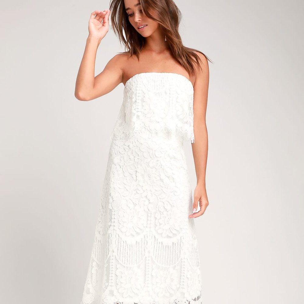 Lulus Delia White Lace Strapless Midi Dress Size M